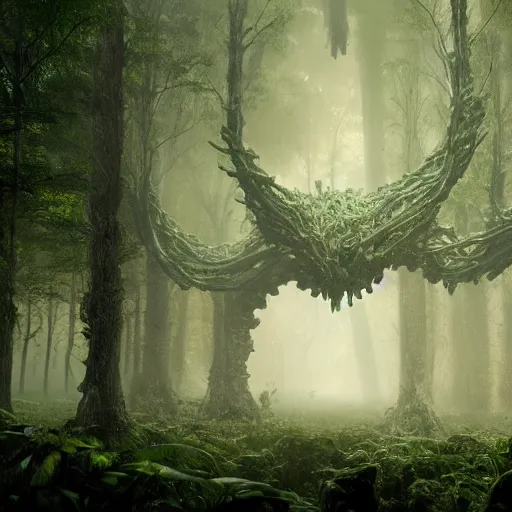 Prompt: a complex organic fractal 3 d metallic symbiotic ceramic humanoid megastructure creature in a swampy lush forest, foggy, cinematic shot, photo still from movie by denis villeneuve, wayne barlowe