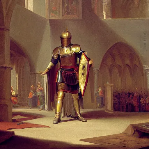 Image similar to an oil painting of a knight wearing plate armor in a church, 4 k, highly detailed, painted by thomas cole
