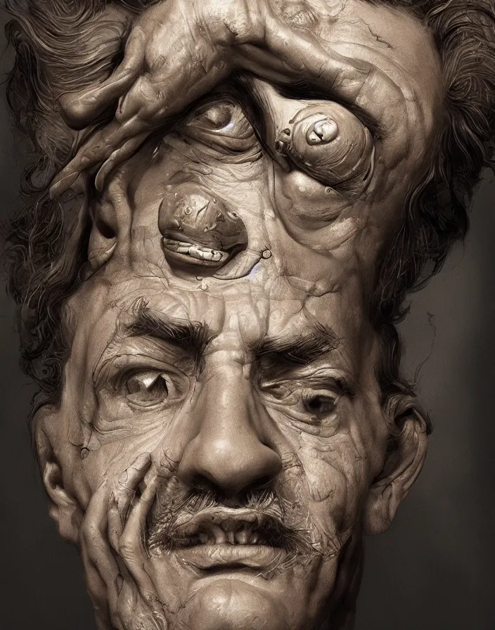 Image similar to Salvador Dalí grotesque portrait, D&D, fantasy, intricate, elegant, highly detailed, digital painting, artstation, concept art, smooth, sharp focus, high detail, octane render, 8k