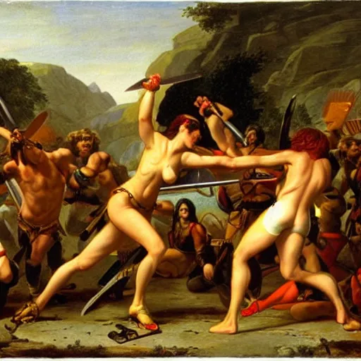 Prompt: muscular warrior women, amazonian warrior women, women fighting men, muscular men, spartan warrior men, clashing in bloody field, art by jacques - louis david