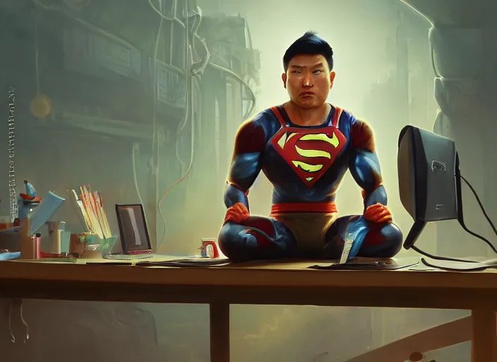 Prompt: an insanely detailed painting of an asian man wearing a homemade superhero costume, sitting at a desk, staring seriously at the computer and typing, in the style of peter mohrbacher, dramatic lighting and composition, surreal background, octane render, pixar, trending on artstation, concept art, comic book, view from behind, 8 k