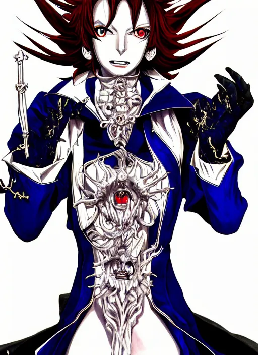 Image similar to shin megami tensei art of a demon called margaret thatcher, art by kazuma kaneko, demonic! compedium!, digital drawing, law - alligned, white background, high quality, highly detailed