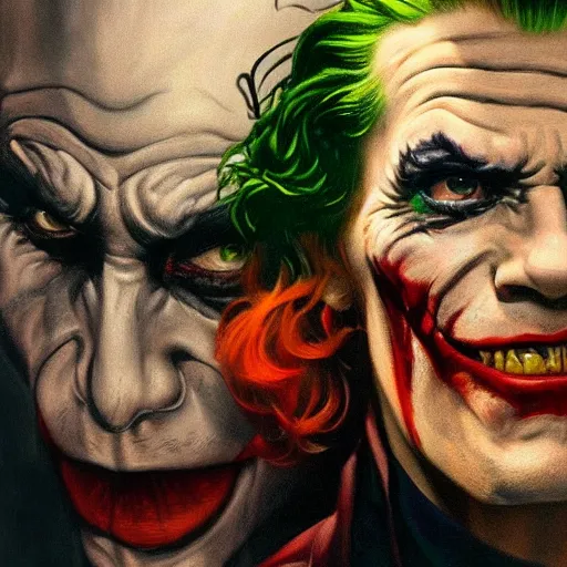 Prompt: an ultra - realistic portrait painting of the joker in the style of frank frazetta. 4 k. ultra - realistic. highly detailed. dark fantasy. epic lighting.