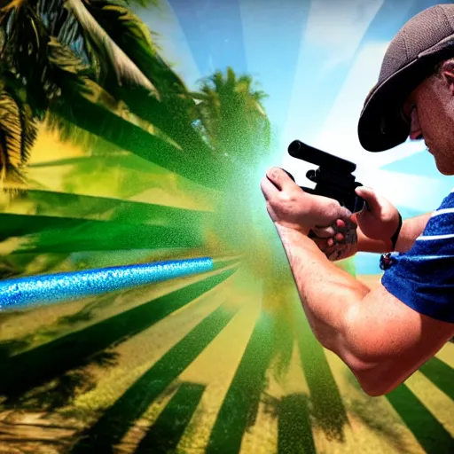 Image similar to a florida man shooting at the sun with a water gun, photorealistic, ultra detailed, high resolution, 8 k