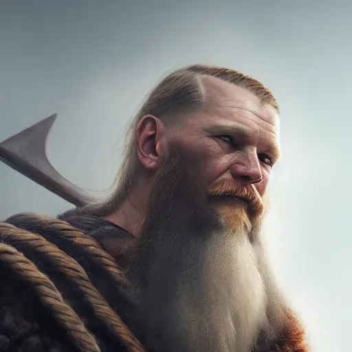 Prompt: viking captain looking into thin air, realistic, 8 k, extremely detailed, cgi, trending on artstation, hyper - realistic render, 4 k hd wallpaper, premium prints available, octane render, award winning, by greg rutkowski