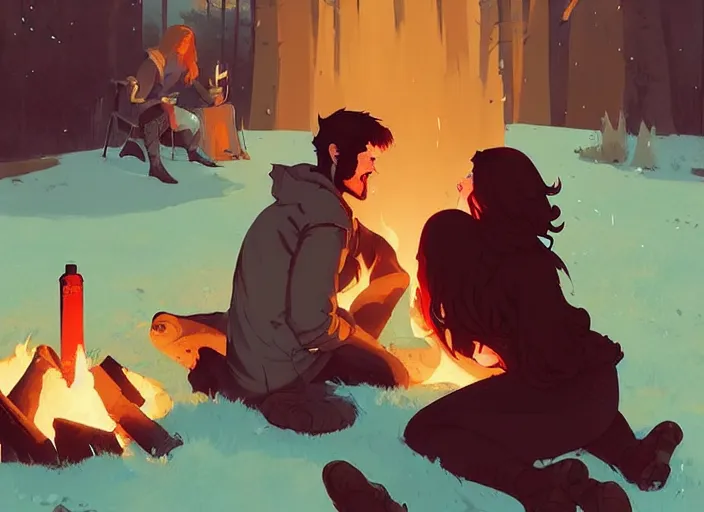 Prompt: a brunette man and a red - haired woman chatting together around a campfire, medieval times by atey ghailan, by greg rutkowski, by greg tocchini, by james gilleard, by joe fenton, by kaethe butcher, dynamic lighting, gradient light blue, brown, blonde cream and white color scheme, grunge aesthetic