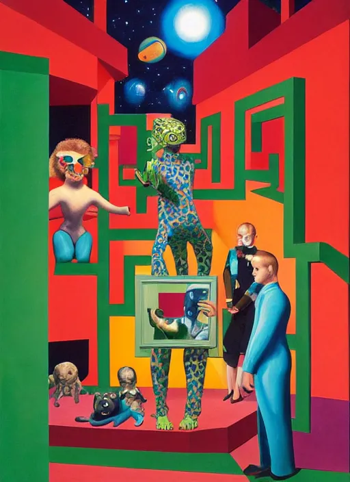 Image similar to painting of a gucci animal costumed family being shown how to open magic portals by a large glowing alien in their suburban living room maze, ufo in the room, designed by gucci and wes anderson, energetic glowing planets in the air, cinematic look, in the style of edward hopper, james jean, petra collins and mc. escher, uhd,