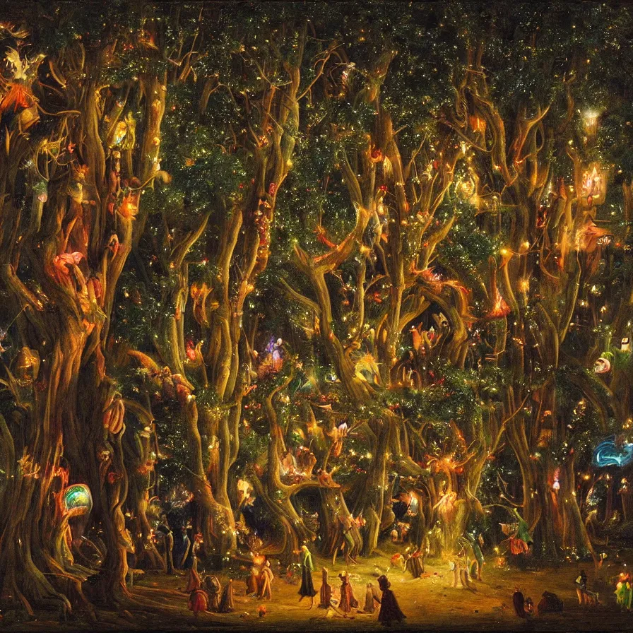 Image similar to a night carnival around a magical tree cavity, with a surreal orange moonlight and fireworks in the background, next to a lake with iridiscent water, christmas lights, folklore animals and people disguised as fantastic creatures in a magical forest by summer night, masterpiece painted by jean - baptiste perronneau, dark night environment
