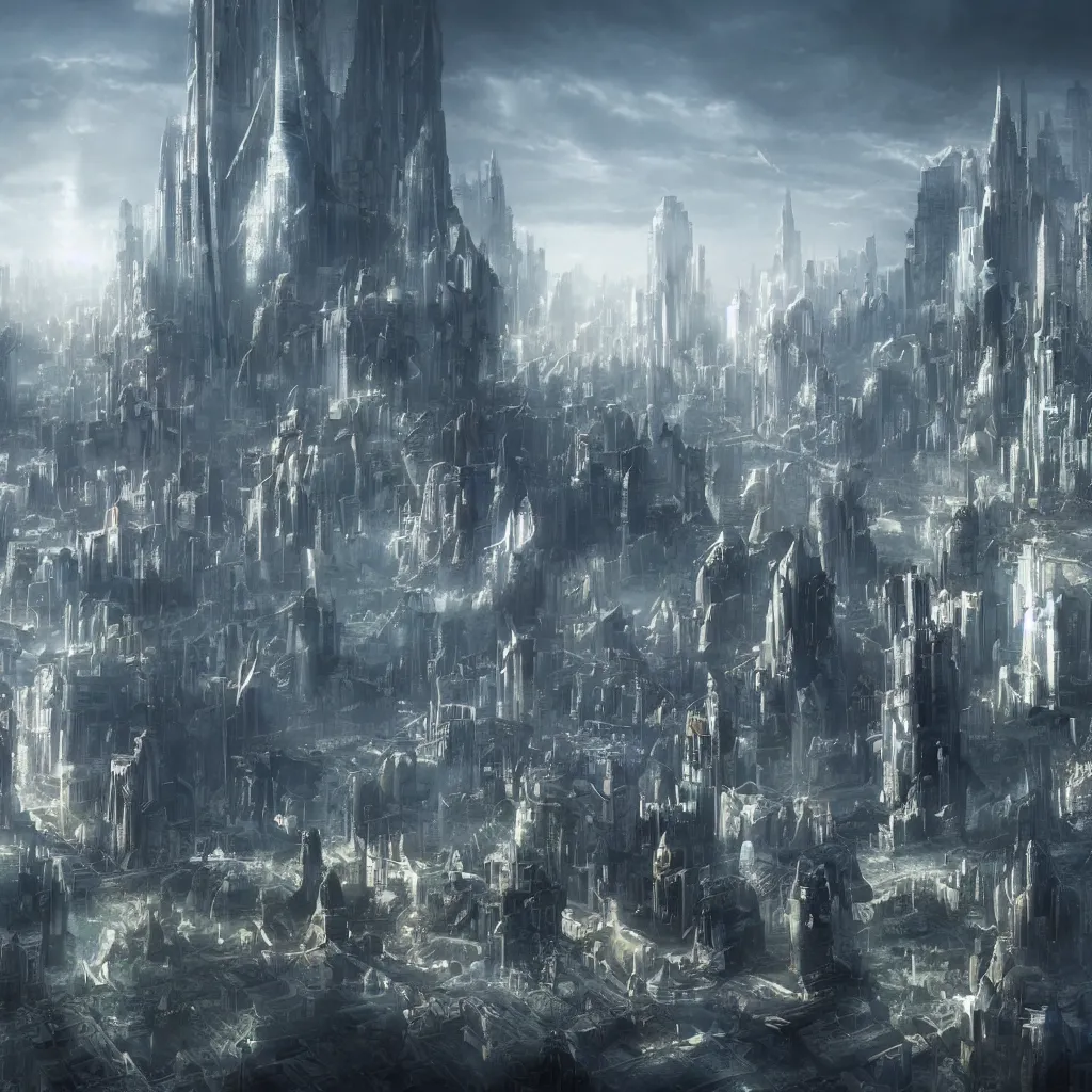 Prompt: future city, in the style of christian haley, matte painting, epic, amazing detail