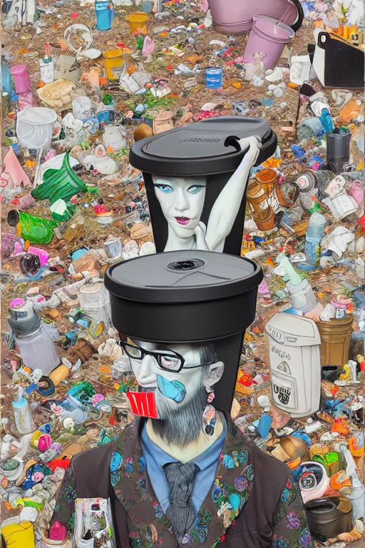 Image similar to full view, from a distance, of anthropomorphic trashcan duchamp, full of trash, style of yoshii chie and hikari shimoda and martine johanna, highly detailed