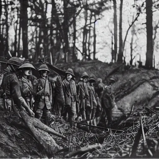 Image similar to stranger things , ww1 trench, war photo, film grain