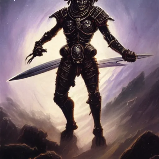 Prompt: ( ( ( half length portrait of armored githyanki warrior holding his silver sword, in the astral plane ) ) ), d & d, fantasy, medieval, greg rutkowski, frank frazetta, alexandre chaudret, boris vallejo, michael whelan, miro petrov, hr giger, magali villeneuve, donato giancola