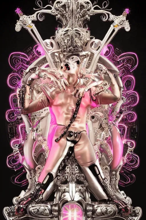 Prompt: full-body rococo and cyberpunk style neon statue of a young attractive portugues macho dotado android reclining sim roupa con piroca dura, glowing white laser eyes, prince crown of pink gears, diamonds, swirling silver-colored silk fabric. futuristic elements. full-length view. space robots. human skulls. intricate artwork by caravaggio. Trending on artstation, octane render, cinematic lighting from the right, hyper realism, octane render, 8k, depth of field, 3D
