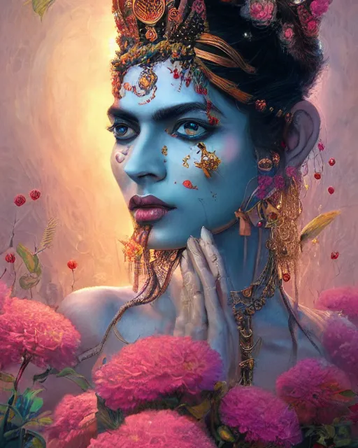 Image similar to portrait of the indian queen of the underworld, surrounded by flowers by karol bak, james jean, tom bagshaw, rococo, sharp focus, trending on artstation, cinematic lighting, hyper realism, octane render, 8 k, hyper detailed.