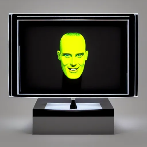 Image similar to a 3 d render of max headroom on tv, octane render, unreal engine, hyperrealism, 8 k, trending on artstation, ultra detailed, volumetric lighting, dramatic lighting, lasers, neon