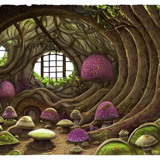 Image similar to concept art painting of a interior of a circular fantasy fungus house made of mushrooms, with black vines, realistic, detailed, cel shaded, magenta and gray, dark, in the style of makoto shinkai and greg rutkowski and james gurney