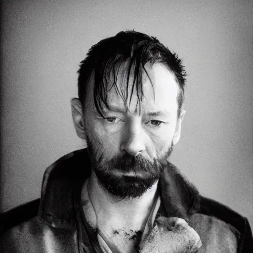 Image similar to Thom Yorke, a man with a beard and a black jacket, a portrait by John E. Berninger, dribble, neo-expressionism, uhd image, studio portrait, 1990s