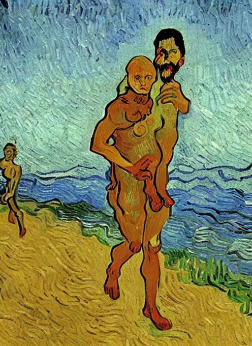 Prompt: a clothed man carrying his child over his shoulders walking near the beach, anatomically correct, painting by van gogh, masterpiece