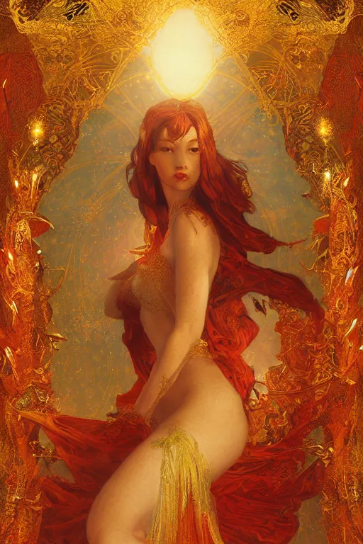 Prompt: tarot card artstation, portrait of a winged love dancer, sunrise, baroque ornament and rococo ornament, ancient chinese ornate, hyperdetailed, beautiful lighting, craig mullins, mucha, klimt, yoshitaka amano, red and gold and orange color palette