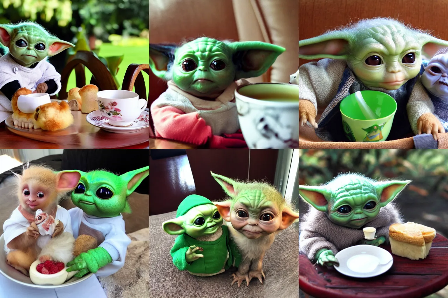Prompt: mogwai and baby yoda having afternoon tea