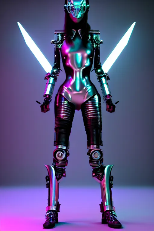 Image similar to edgy powerful female chrome futuristic cyborg with curved metal Loki horns, , full body, chrome motorcycle parts and machine abstract background, neon bar lights, 3d render, octane, 8k, volumetric lighting, hyper-realistic, dark fantasy, diffuse lighting, intricate, highly detailed, lifelike, photorealistic, digital painting, trending on artstation, smooth, sharp focus, art by John Collier and Albert Aublet and Krenz Cushart and Artem Demura and Alphonse Mucha