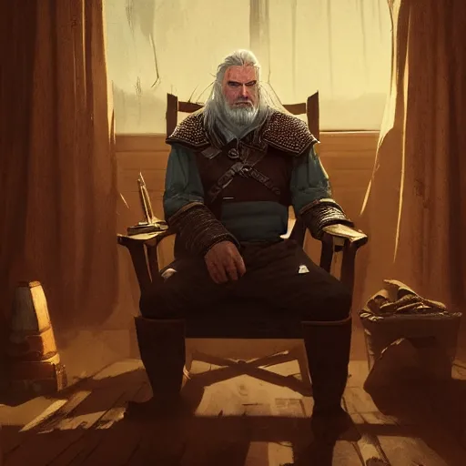 Image similar to old fatman sitting on chair reads the witcher saga, light stubble, digital art, photorealistoc, art by greg rutkowski, hyperdetailed, western comic style, comic, comic style, sharp lineart, professional lighting, deviantart, artstation, trevor henderson, rossdtaws, cinematic, dramatic