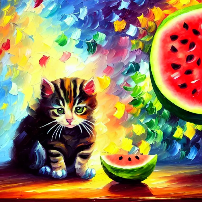 Image similar to colourful painting of cute little kitty and watermelon, art in paul lehr and leonid afremov style, close shot, bright, evening, soft lighting, focus, masterpiece art