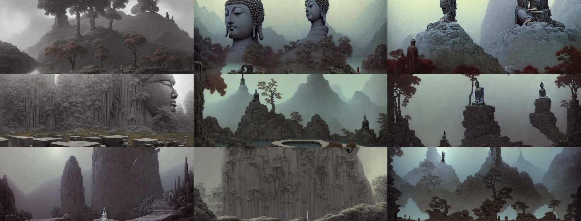 Prompt: a gorgeous bleak autumn painting by barlowe wayne, maxfield parrish, gustave dore and marco mazzoni. a lonnely huge chinese buddha statue. grey blue and very little light verdancy. the winding stone steps. ultra clear detailed. 3 d, octane render. turbulent blood lake.