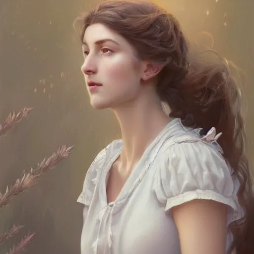 Image similar to epic portrait a beautiful woman wearing a white blouse and short sleeves, digital painting, artstation, concept art, soft light, hdri, smooth, sharp focus, illustration, fantasy, intricate, elegant, highly detailed, D&D, matte painting, in the style of Greg Rutkowski and Alphonse Mucha and artemisia, 8k, highly detailed, jurgens, rutkowski, bouguereau, pastoral, rustic, georgic, detailed concept art, illustration, colorful pastel, painting, detail, ultra detailed, digital art, octane render, 4K,