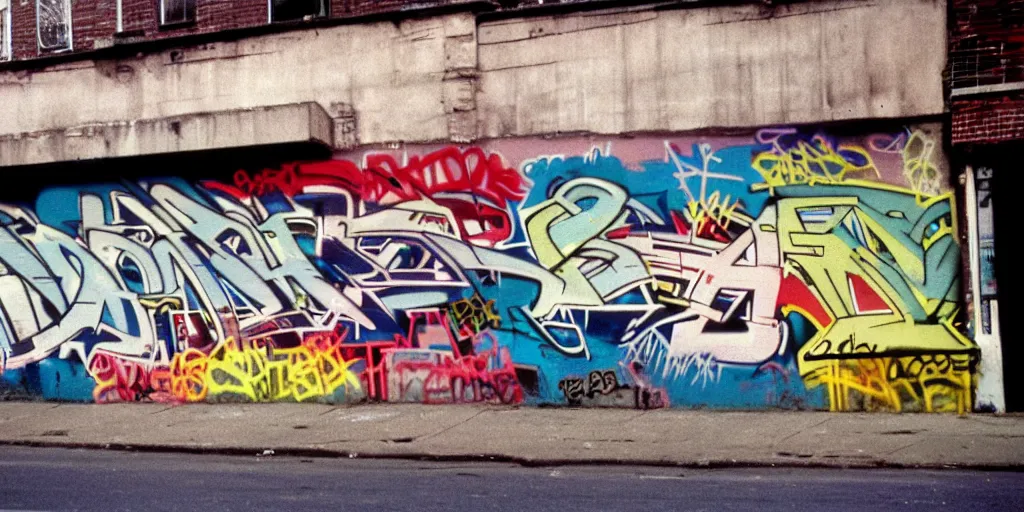 Prompt: bronx, gang in the 7 0 s car, closeup graffiti on the wall, coloured film photography, 3 5 mm film, bruce davidson photography, willy spiller photography