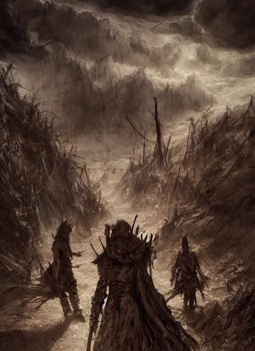 Image similar to portrait, Nomadic warriors wandering the wasteland of purgatory, watercolor, dramatic lighting, cinematic, establishing shot, extremely high detail, foto realistic, cinematic lighting, pen and ink, intricate line drawings, by Yoshitaka Amano, Ruan Jia, Kentaro Miura, Artgerm, post processed, concept art, artstation, matte painting, style by eddie mendoza, raphael lacoste, alex ross