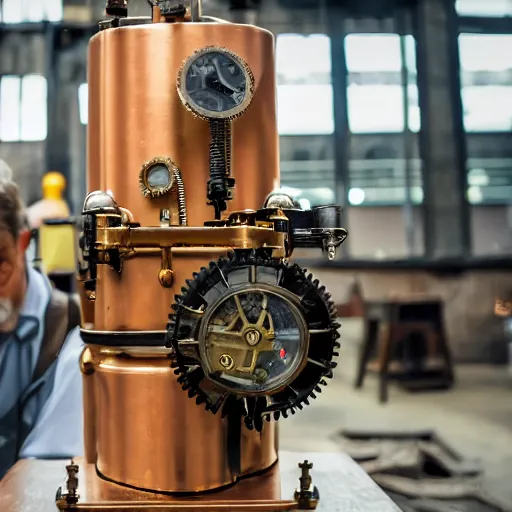 Prompt: A random pointless contraption industrial appliance pneumatic steampunk machine with no apparent purpose, being operated by a scholarly looking man with a clear directed gaze, XF IQ4, f/1.4, ISO 200, 1/160s, 8K, RAW, unedited, symmetrical balance, in-frame