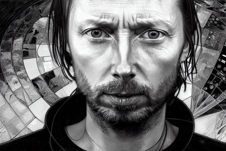 Image similar to hyper realistic portrait of thom yorke singer songwriter, side, liminal space, spacesuit, waterline, reflections, by lee bermejo, alphonse mucha and greg rutkowski