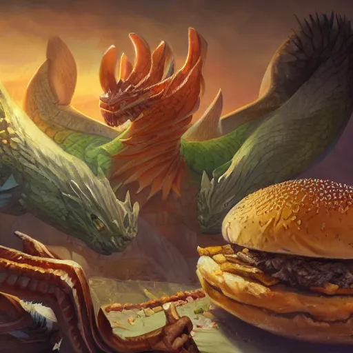 Prompt: Tiamat guarding a pile of cheeseburgers, dungeons and dragons, wizards of the coast, trending on art station, maximum detail, HD, cinematic