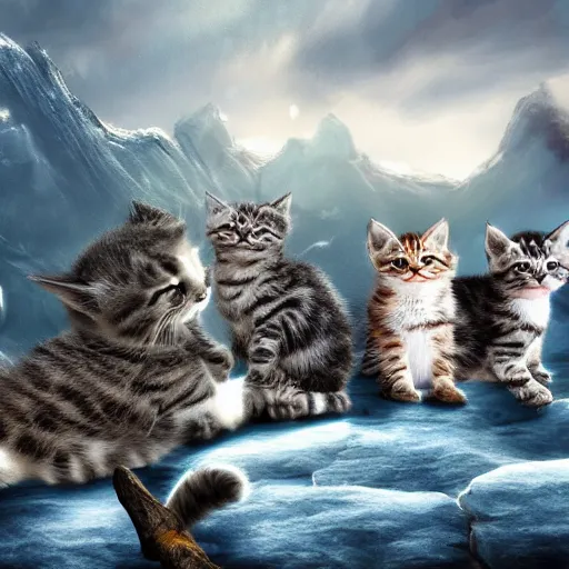 Prompt: Kitten army realistic 4k HD fantasy world water trees mountains ice snow fog