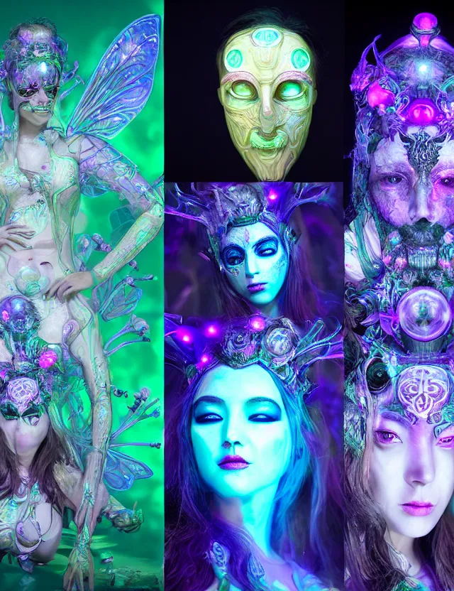 Image similar to 3 d goddess medium shot portrait with hyperdimensional mycorrhizal implants. beautiful intricately detailed avante garde bee mask and retrowave sorceress outfit. glowing bio luminescent, water, pulse projections, creature, artwork by tooth wu and wlop and android jones and beetle and greg rutkowski