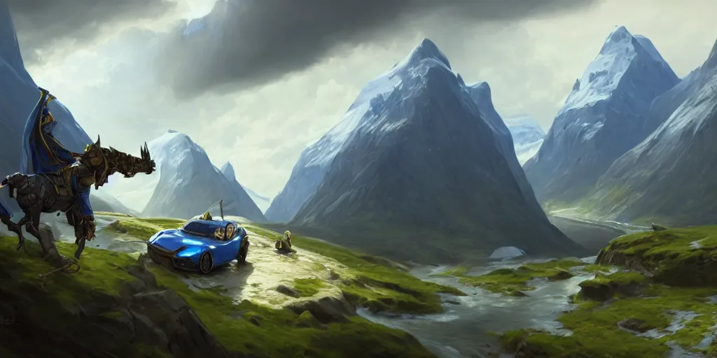 Prompt: wide angle, blue knight with gold sword, driving green hatchback car, glacier landscape, norway, D&D, fantasy, intricate, elegant, highly detailed, action pose, digital painting, artstation, octane render, concept art, matte, sharp focus, illustration, hearthstone, art by Artgerm and Greg Rutkowski and Alphonse Mucha