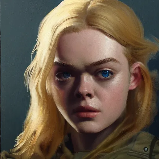 Image similar to ultra realistic portrait painting of elle fanning in metal gear solid, art by frank frazetta, 4 k, ultra realistic, highly detailed, epic lighting