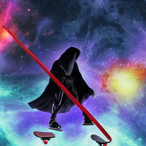 Image similar to the grim reaper holding a scythe doing skateboard tricks through a nebula, detailed, featured