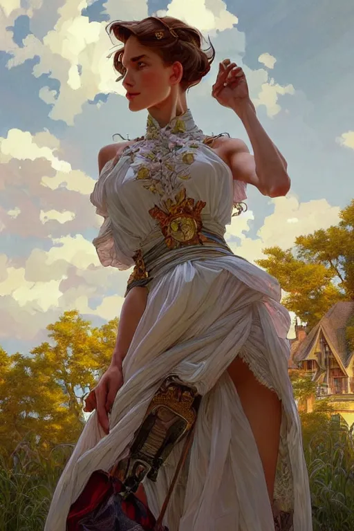 Image similar to clear portrait of a vogue photoshoot, cottagecore!!, background hyper detailed, character concept, full body, dynamic pose, intricate, elegant, highly detailed, digital painting, artstation, concept art, smooth, sharp focus, illustration, art by artgerm and greg rutkowski and alphonse mucha