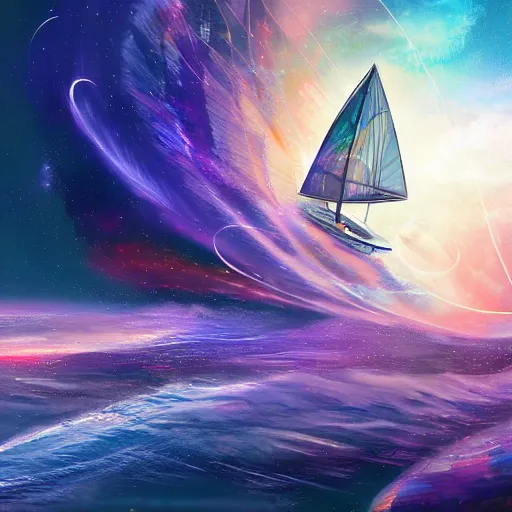 Image similar to beautiful digital painting of a yatch sailing through space, hyperdetailed, vivid colors, trending on Artstation
