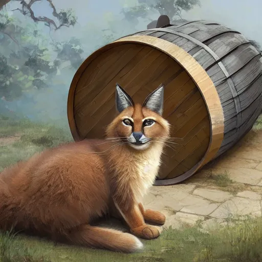 Prompt: a digital art of cute fluffy caracal near a wooden barrel lying at the side, at after noon, ancient greek city, by krenz cushart and mucha and akihito yoshida and greg rutkowski and makoto shinkai, long shot, back lighting, detailed eyes, 4 k resolution, trending on art station