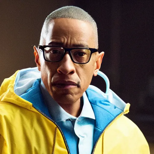 Image similar to gus fring in a blue varsity jacket with yellow sleeves, still from breaking bad