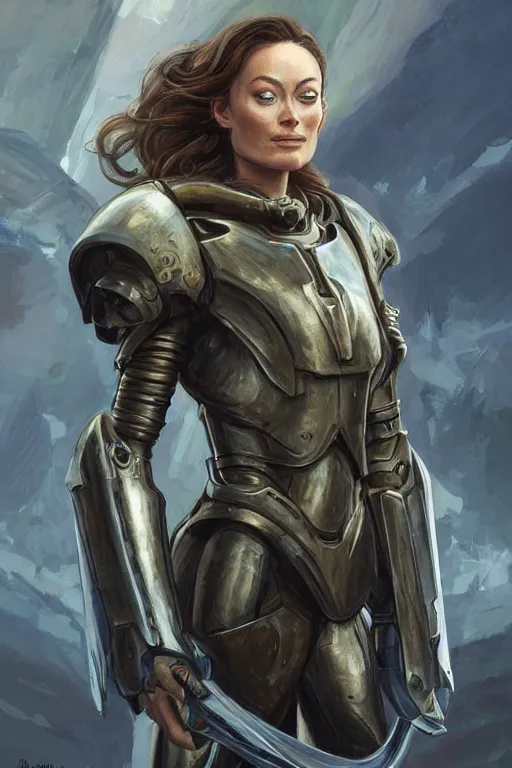 Image similar to a professional painting of a young Olivia Wilde, clothes in military armor, olive skin, long dark hair, beautiful bone structure, symmetrical facial features, intricate, elegant, digital painting, concept art, smooth, sharp focus, illustration, from StarCraft by Ruan Jia and Mandy Jurgens and Artgerm and William-Adolphe Bouguerea