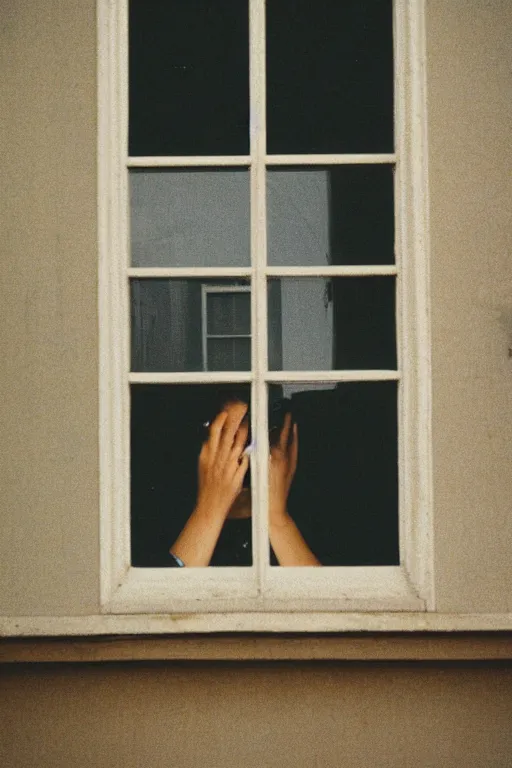 Image similar to kodak portra 4 0 0 photograph of a person looking out through their window, eyes, beautiful eyes, stunning eyes, close up, telephoto, faded effect, grain,