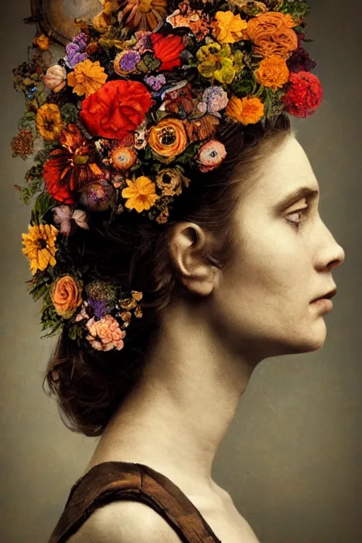 Prompt: a womans face in profile, made of flowers steampunk, in the style of the Dutch masters and Gregory Crewdson, impressive, dark, ethereal, dramatic, epic, a masterpiece, fine art with subtle redshift rendering