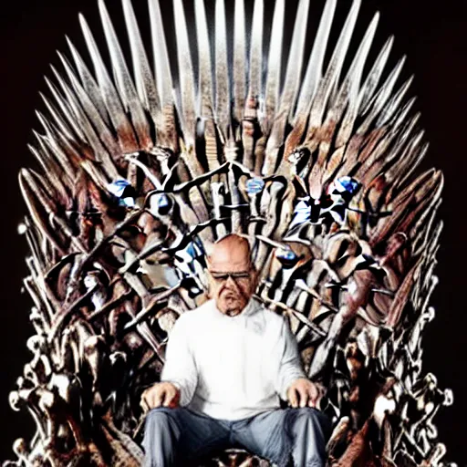 Image similar to “ very very intricate photorealistic screenshot of a walter white on the iron throne in an episode of game of thrones, detailed atmospheric lighting, award - winning crisp details ”