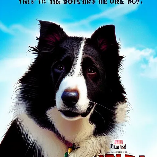 Image similar to movie poster for disney movie about border collie dog saving the world