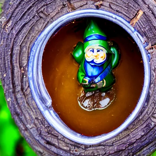 Prompt: garden gnome inside gravy, DSLR 15mm, macro photo