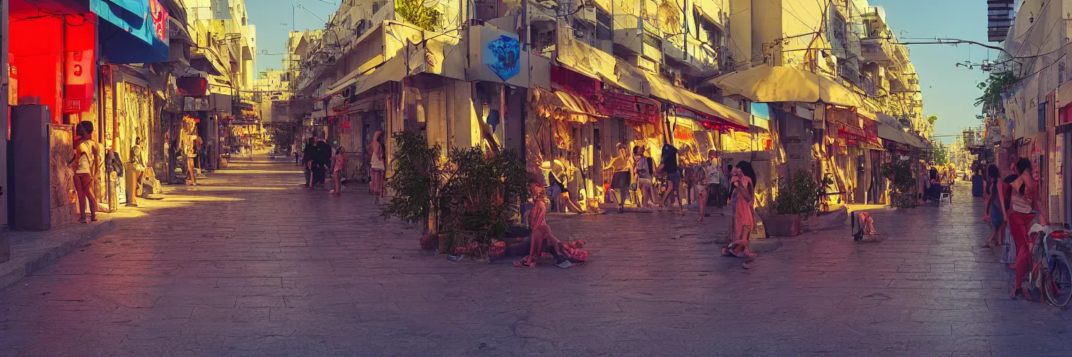 Prompt: the streets of tel aviv, israel, summer, morning, vivid colors, neon, art by gregory crewdson and artgerm and wlop and william - adolphe bouguereau